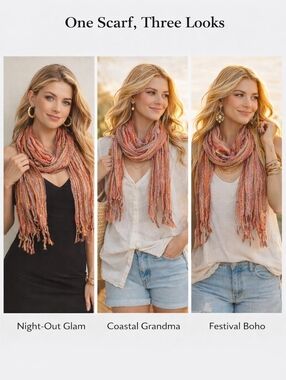 Maurices Coral Metallic Fringe Scarf Lightweight Boho Stripe Cotton Shimmer Wrap